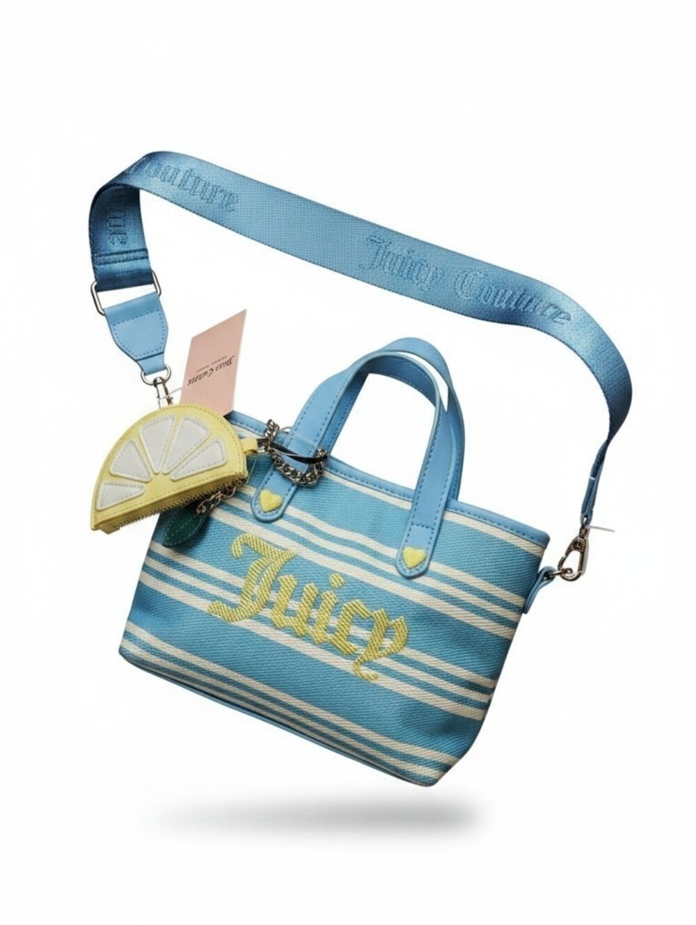 Juicy Couture Paradise Mini Bag NWT Canvas Blue Stripe &  Lemon Coin Purse